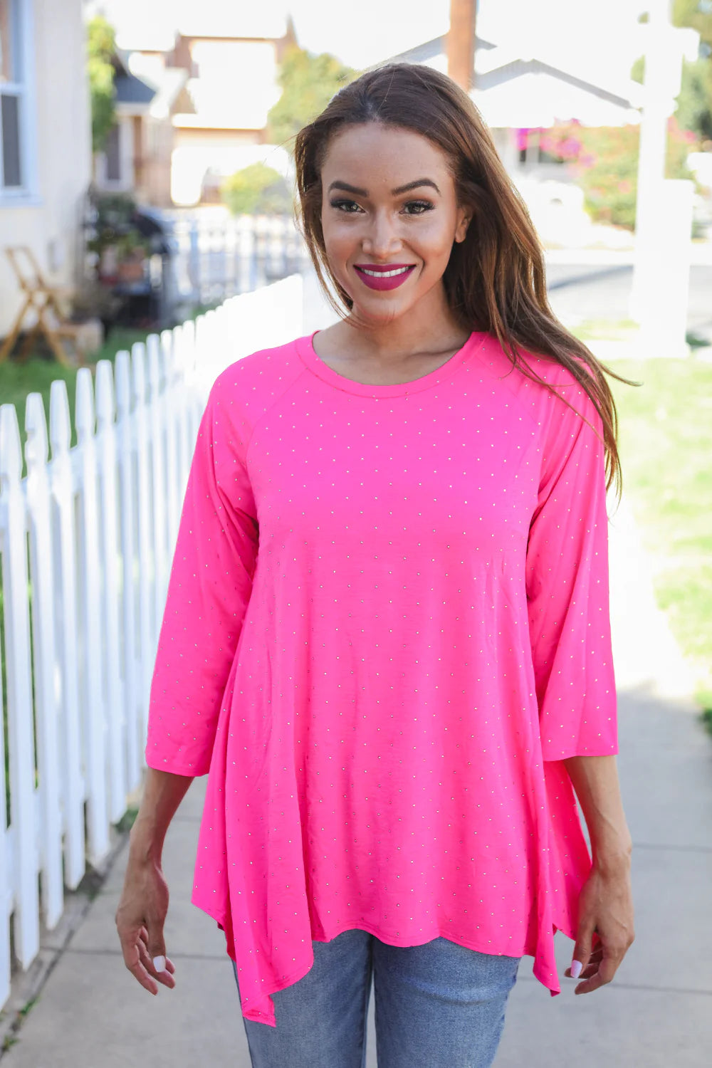 Haptics Be Bold Hot Pink Glitter Stud Scarf Hem Top Final Sale