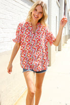 First Love Ruby Notched Neck Floral Smocked Sleeve Blouse