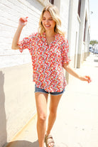 First Love Ruby Notched Neck Floral Smocked Sleeve Blouse