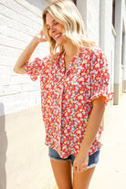 First Love Ruby Notched Neck Floral Smocked Sleeve Blouse