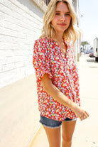 First Love Ruby Notched Neck Floral Smocked Sleeve Blouse