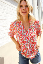 First Love Ruby Notched Neck Floral Smocked Sleeve Blouse