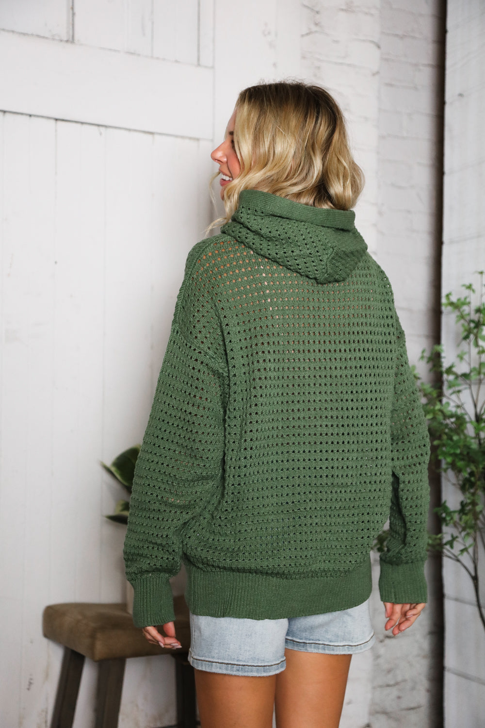 Haptics Fishnet Drawsting Olive Oversized Pullover Hoodie