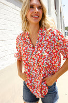 First Love Ruby Notched Neck Floral Smocked Sleeve Blouse