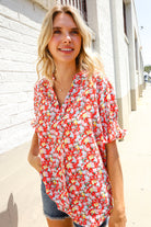 First Love Ruby Notched Neck Floral Smocked Sleeve Blouse