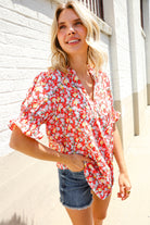 First Love Ruby Notched Neck Floral Smocked Sleeve Blouse