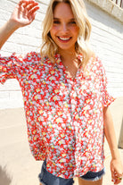 First Love Ruby Notched Neck Floral Smocked Sleeve Blouse