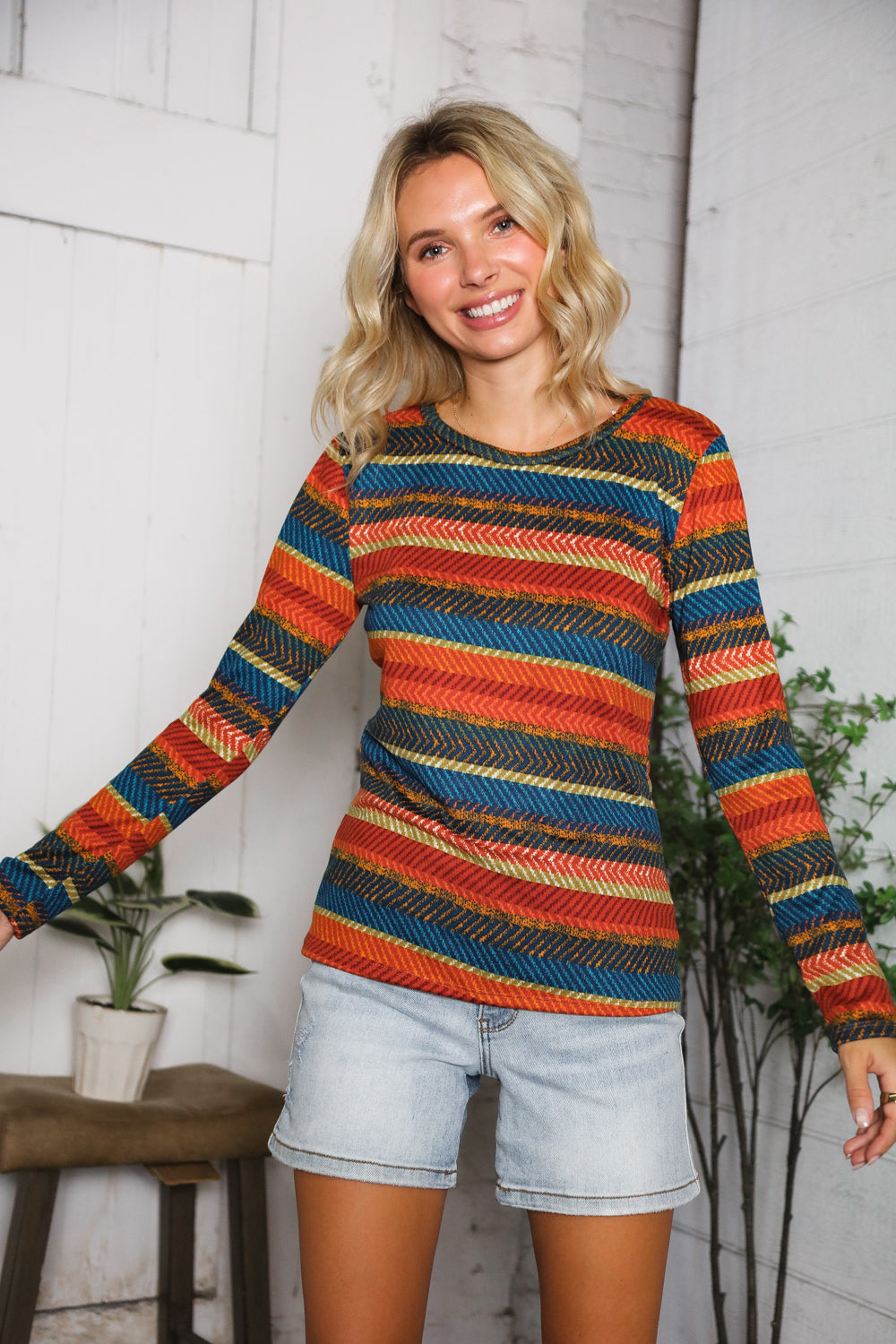 Haptics Canyon Glow Fitted Stripe Hacci Longsleeve Top