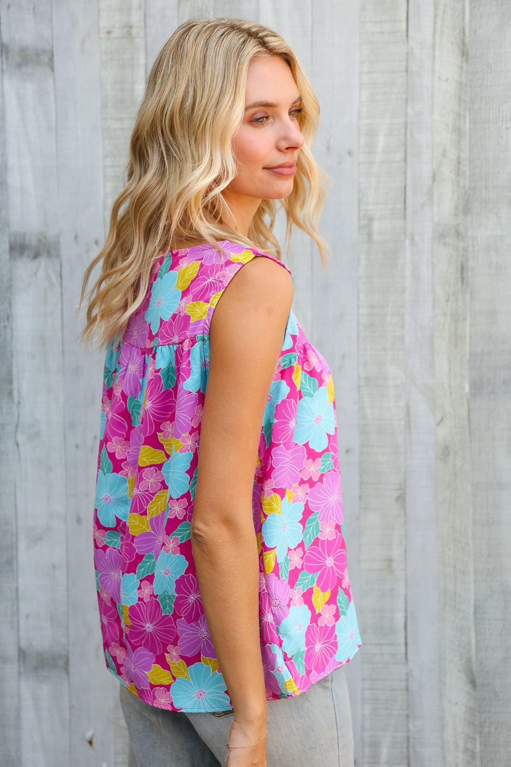 Haptics Fuchsia Square Neck Floral Bow Tie Top