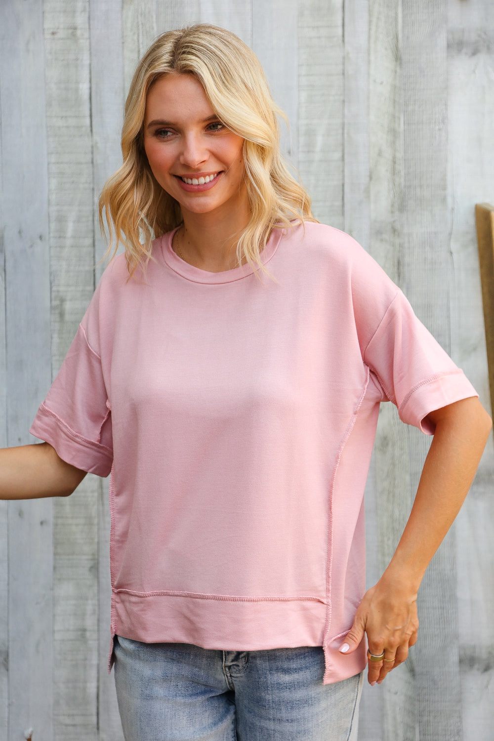Haptics Oversized Knit French Terry Out Seam Overlock in Blush