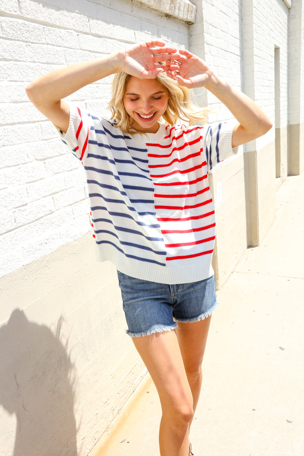 Haptics Patriotic Red & Blue Stripe Drop Shoulder Oversize Sweater Top