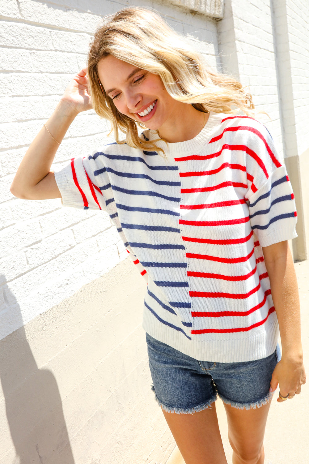 Haptics Patriotic Red & Blue Stripe Drop Shoulder Oversize Sweater Top