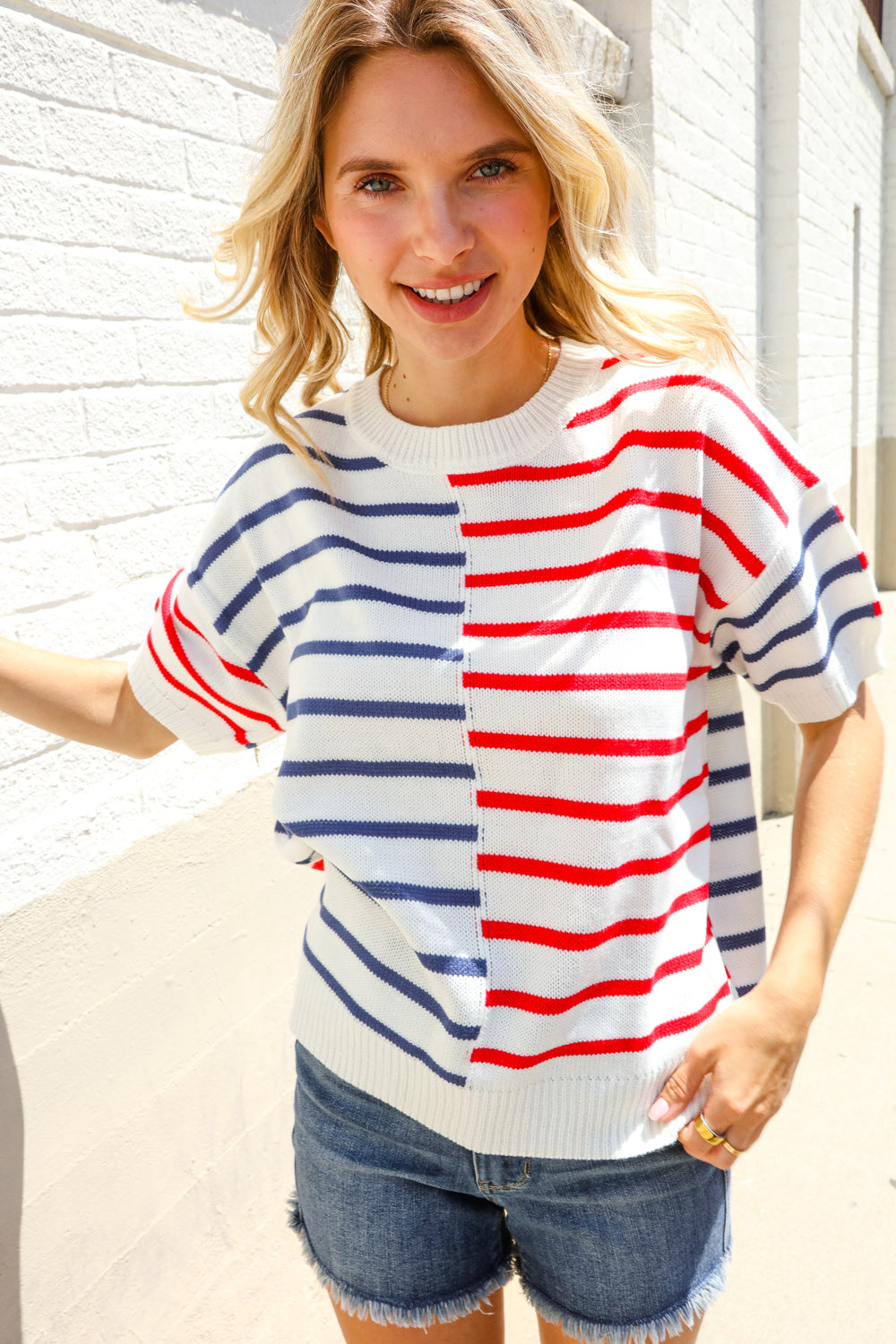 Haptics Patriotic Red & Blue Stripe Drop Shoulder Oversize Sweater Top