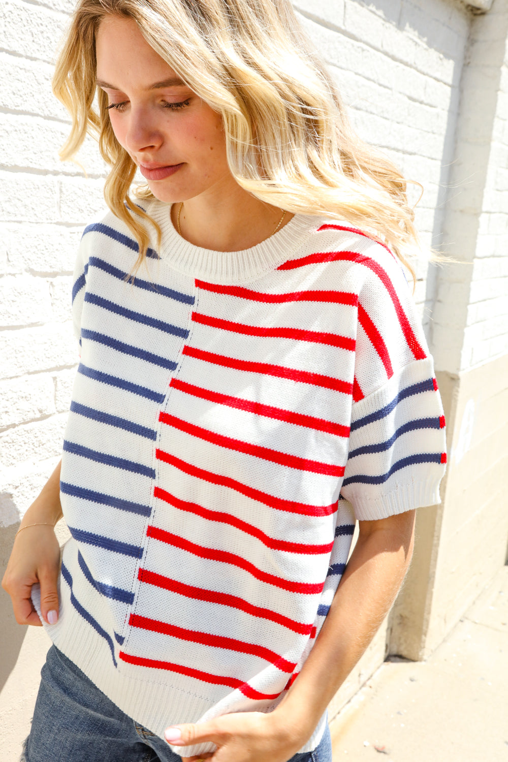 Haptics Patriotic Red & Blue Stripe Drop Shoulder Oversize Sweater Top