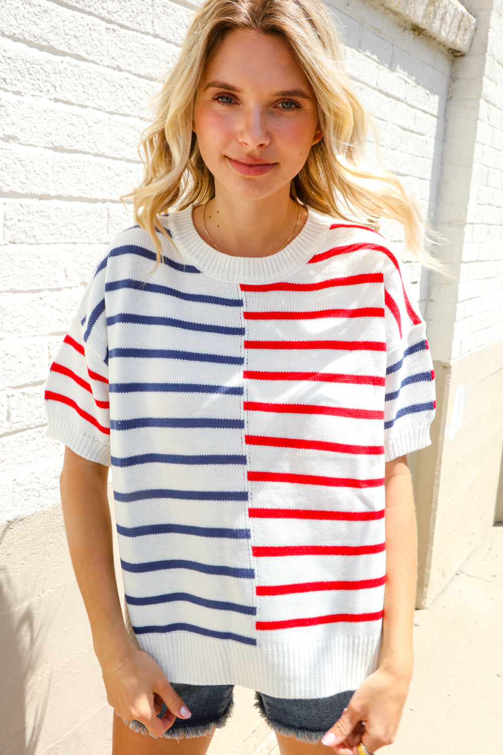 Haptics Patriotic Red & Blue Stripe Drop Shoulder Oversize Sweater Top