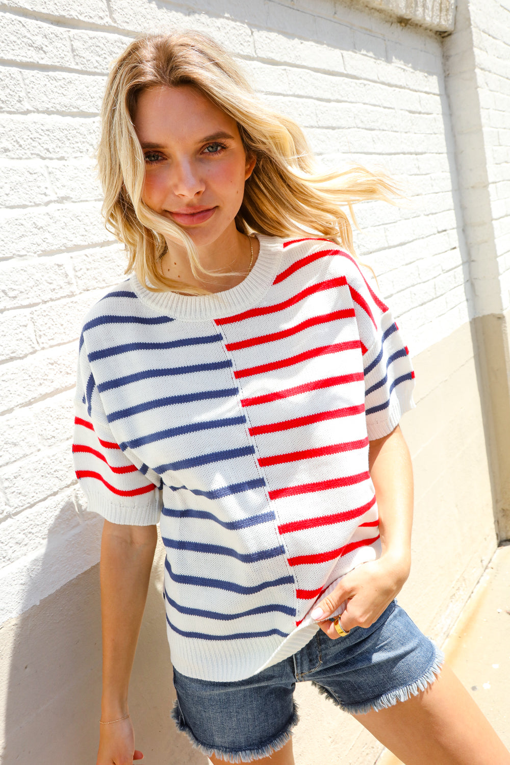 Haptics Patriotic Red & Blue Stripe Drop Shoulder Oversize Sweater Top