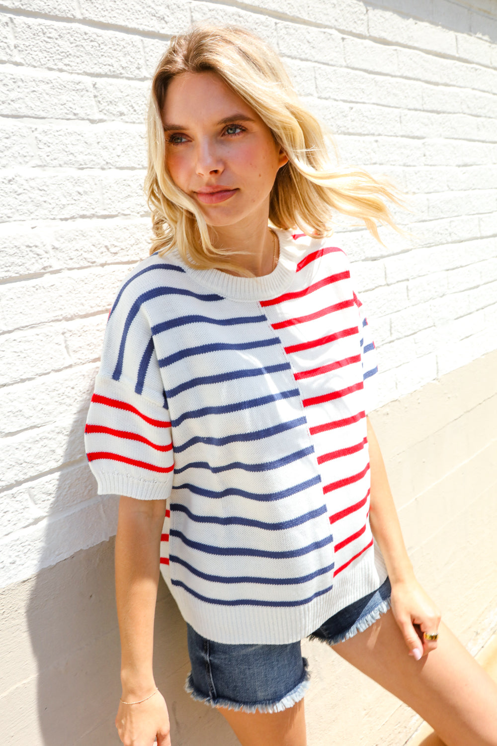 Haptics Patriotic Red & Blue Stripe Drop Shoulder Oversize Sweater Top