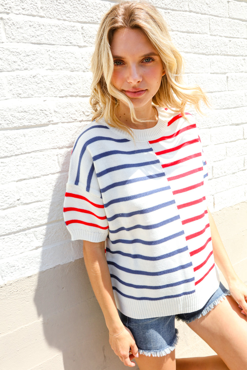 Haptics Patriotic Red & Blue Stripe Drop Shoulder Oversize Sweater Top