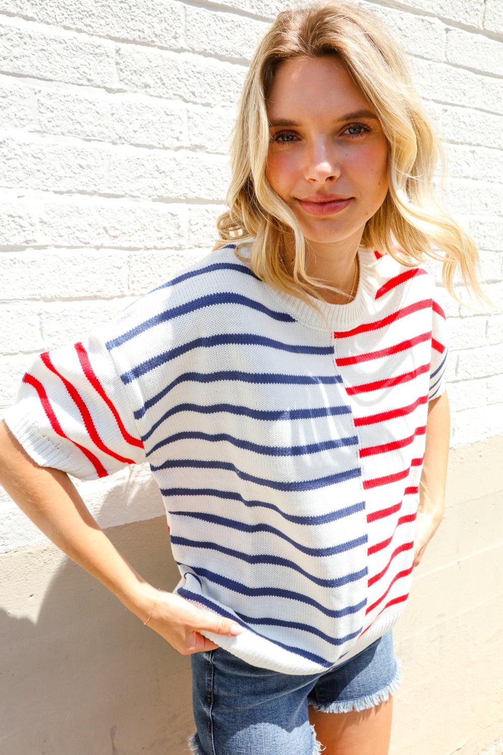 Haptics Patriotic Red & Blue Stripe Drop Shoulder Oversize Sweater Top