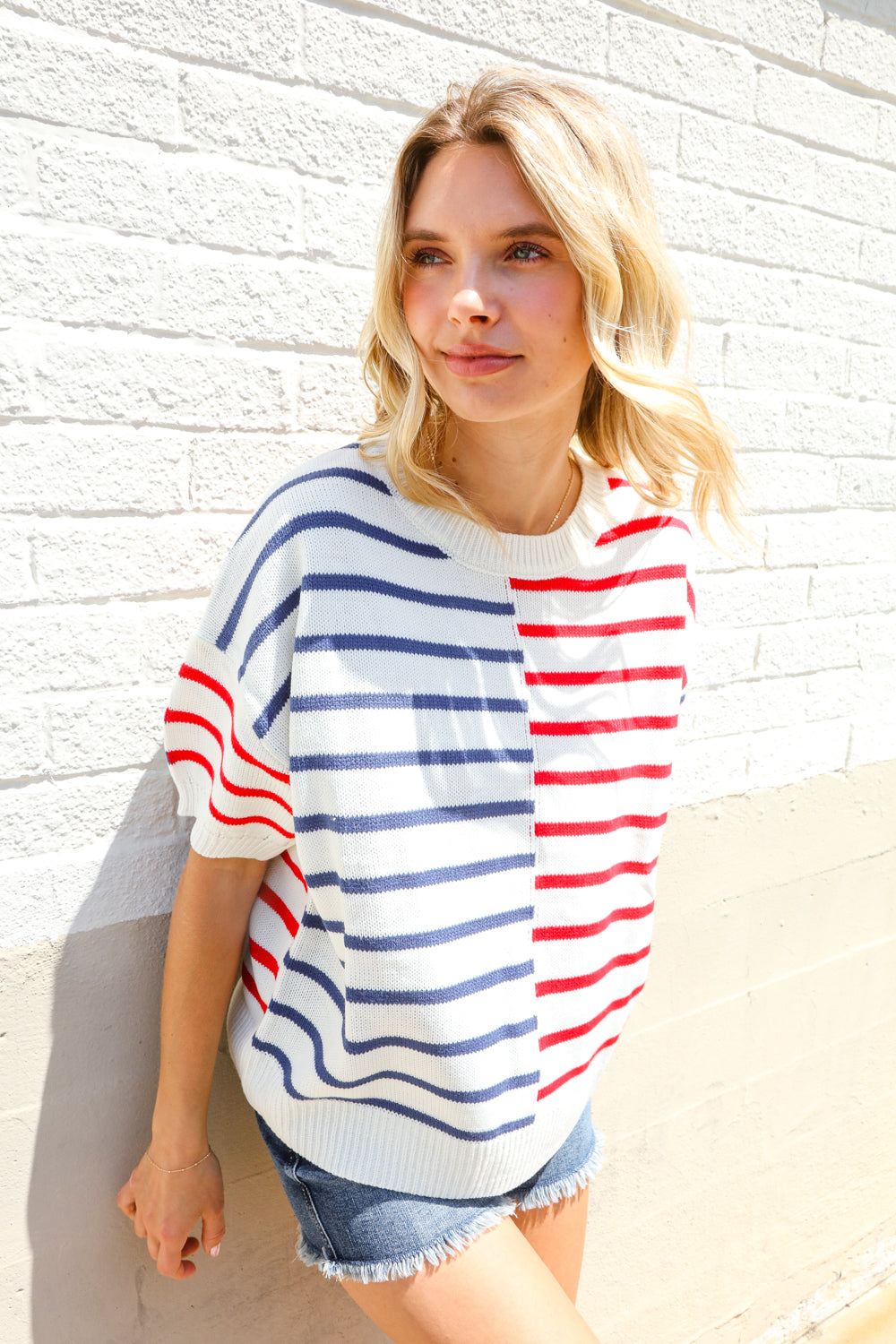 Haptics Patriotic Red & Blue Stripe Drop Shoulder Oversize Sweater Top