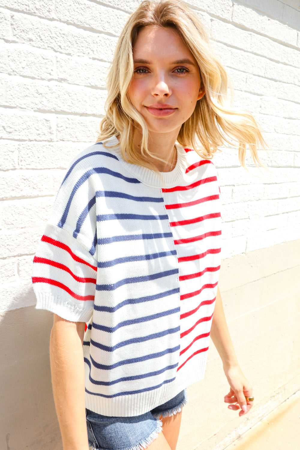 Haptics Patriotic Red & Blue Stripe Drop Shoulder Oversize Sweater Top