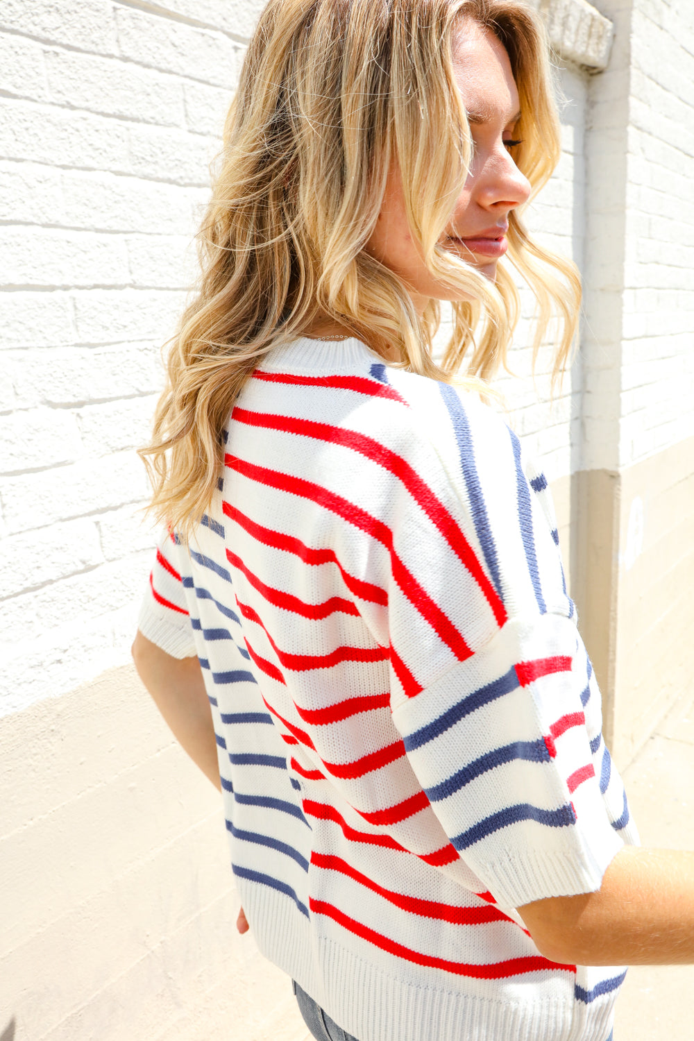 Haptics Patriotic Red & Blue Stripe Drop Shoulder Oversize Sweater Top