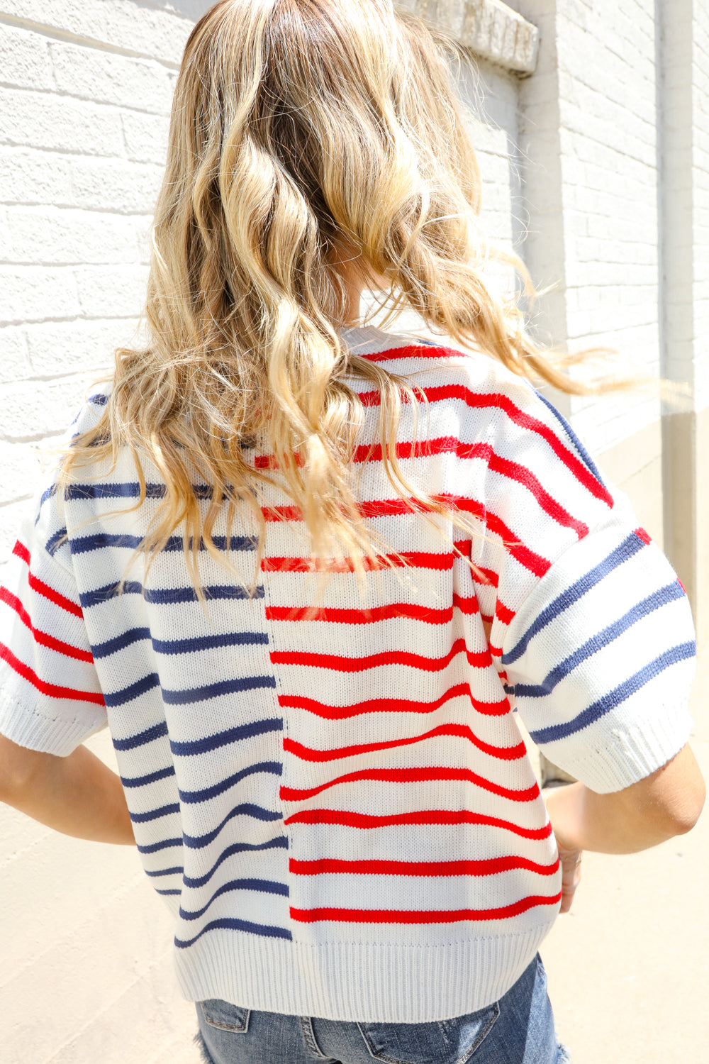Haptics Patriotic Red & Blue Stripe Drop Shoulder Oversize Sweater Top
