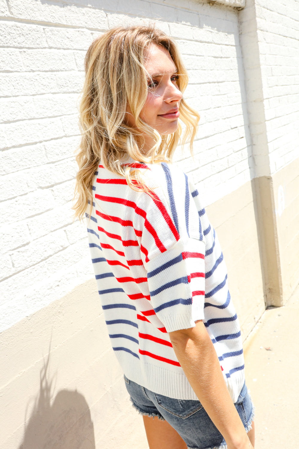 Haptics Patriotic Red & Blue Stripe Drop Shoulder Oversize Sweater Top