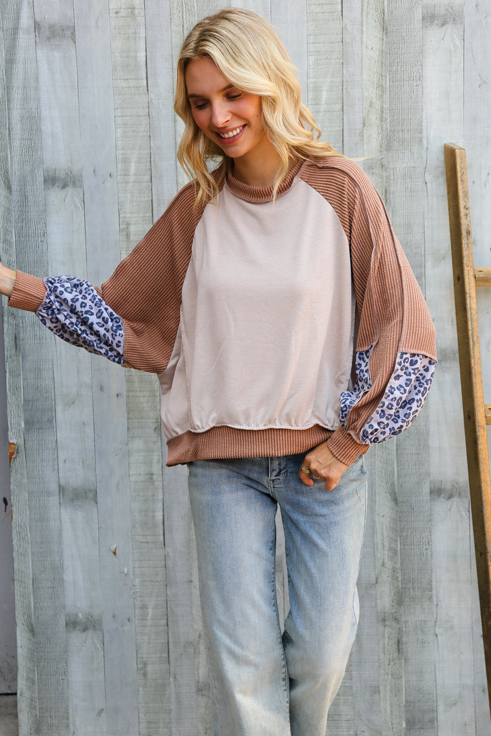Haptics Taupe & Animal Print Oversized Dolman Colorblock Terry Top