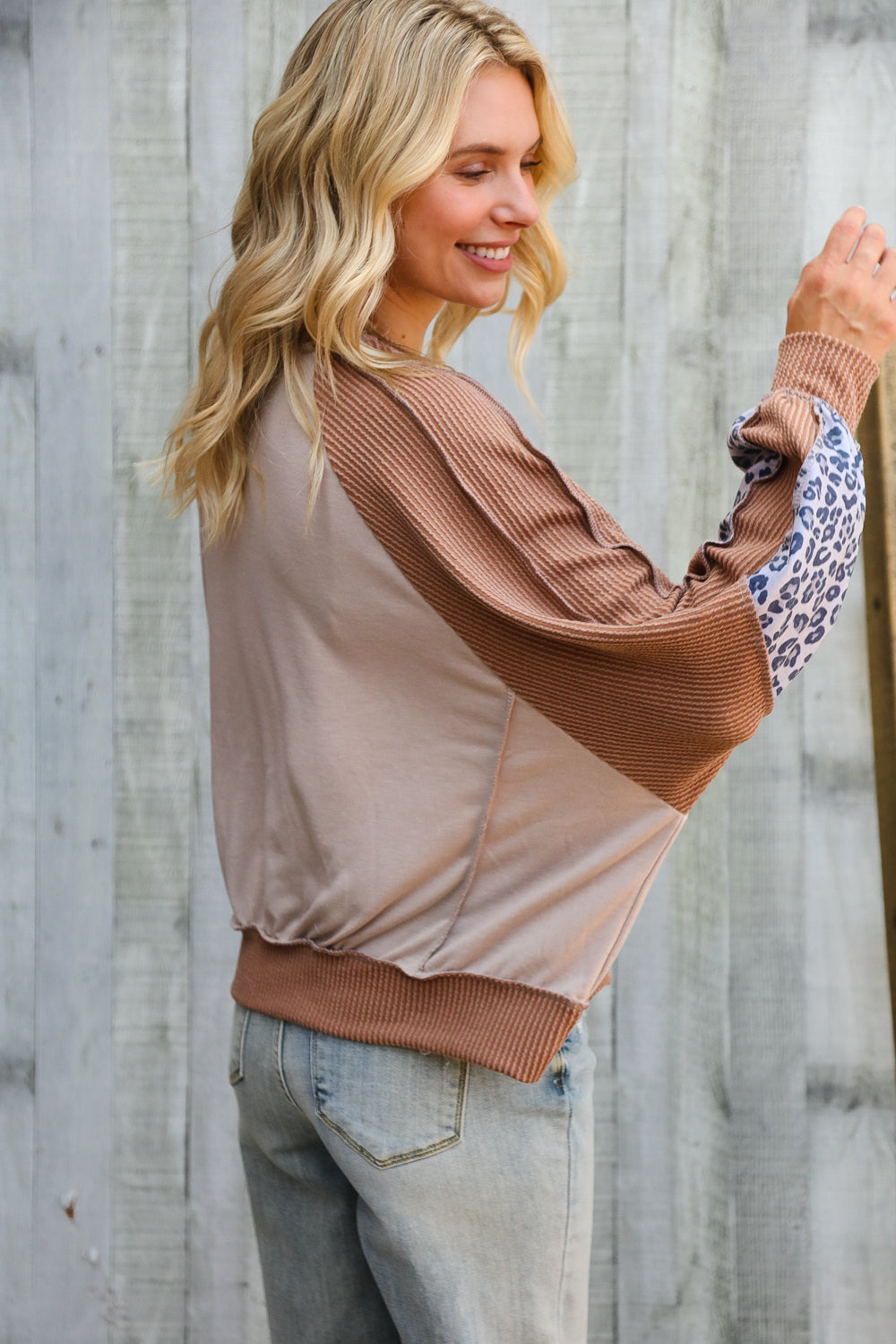 Haptics Taupe & Animal Print Oversized Dolman Colorblock Terry Top