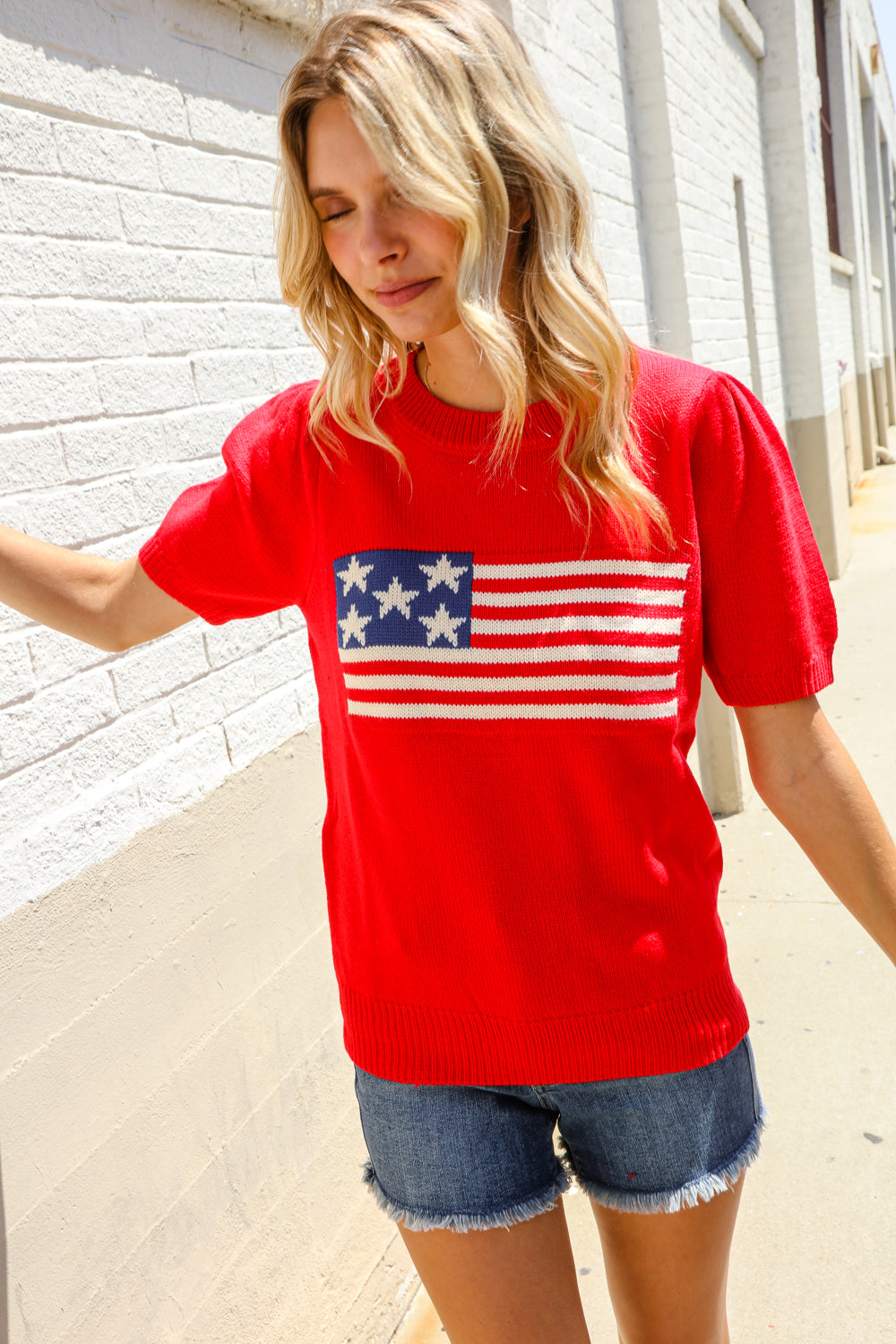 Haptics Red American Flag Bubble Short Sleeve Jacquard Sweater Knit Pullover
