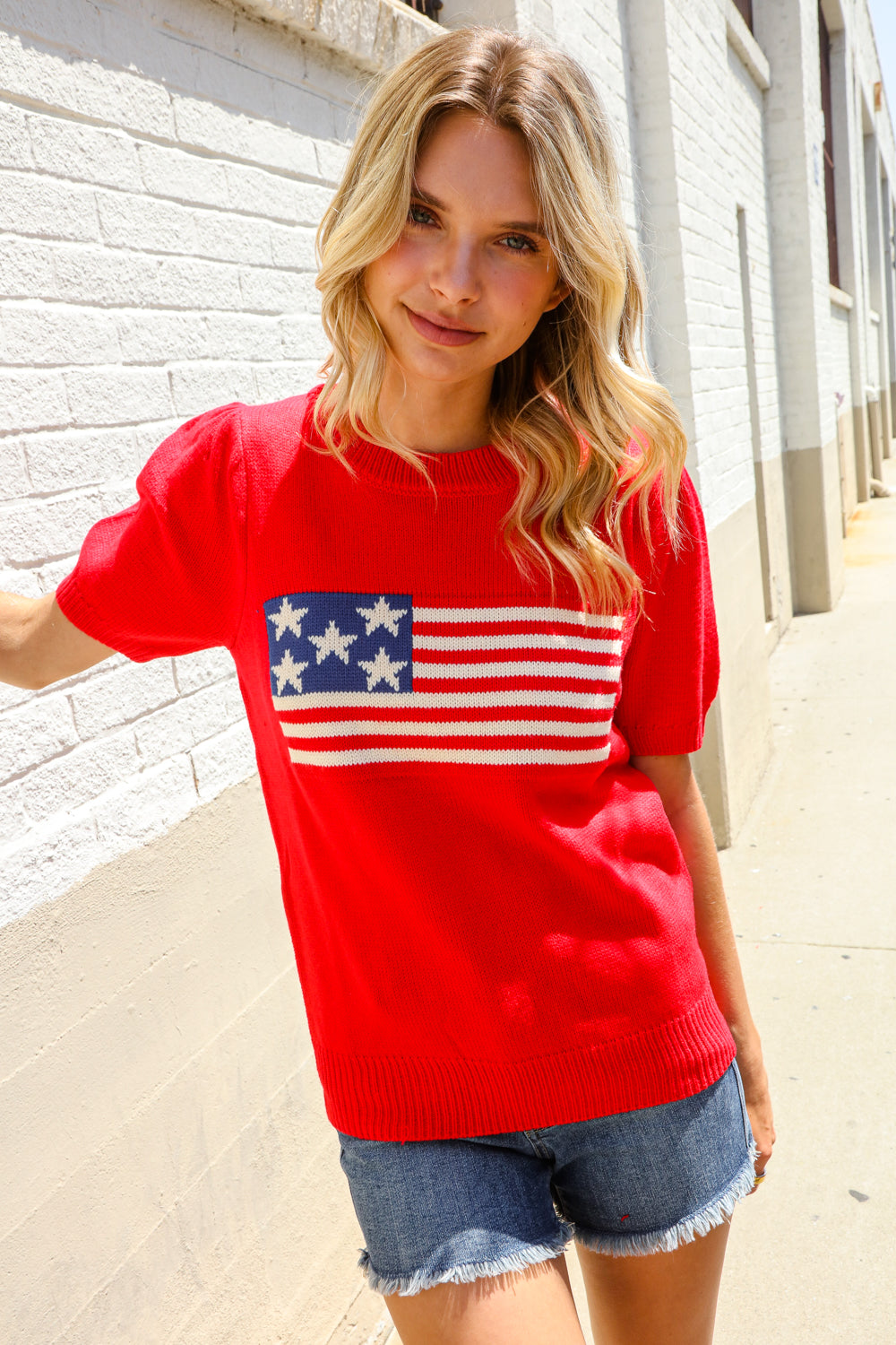 Haptics Red American Flag Bubble Short Sleeve Jacquard Sweater Knit Pullover