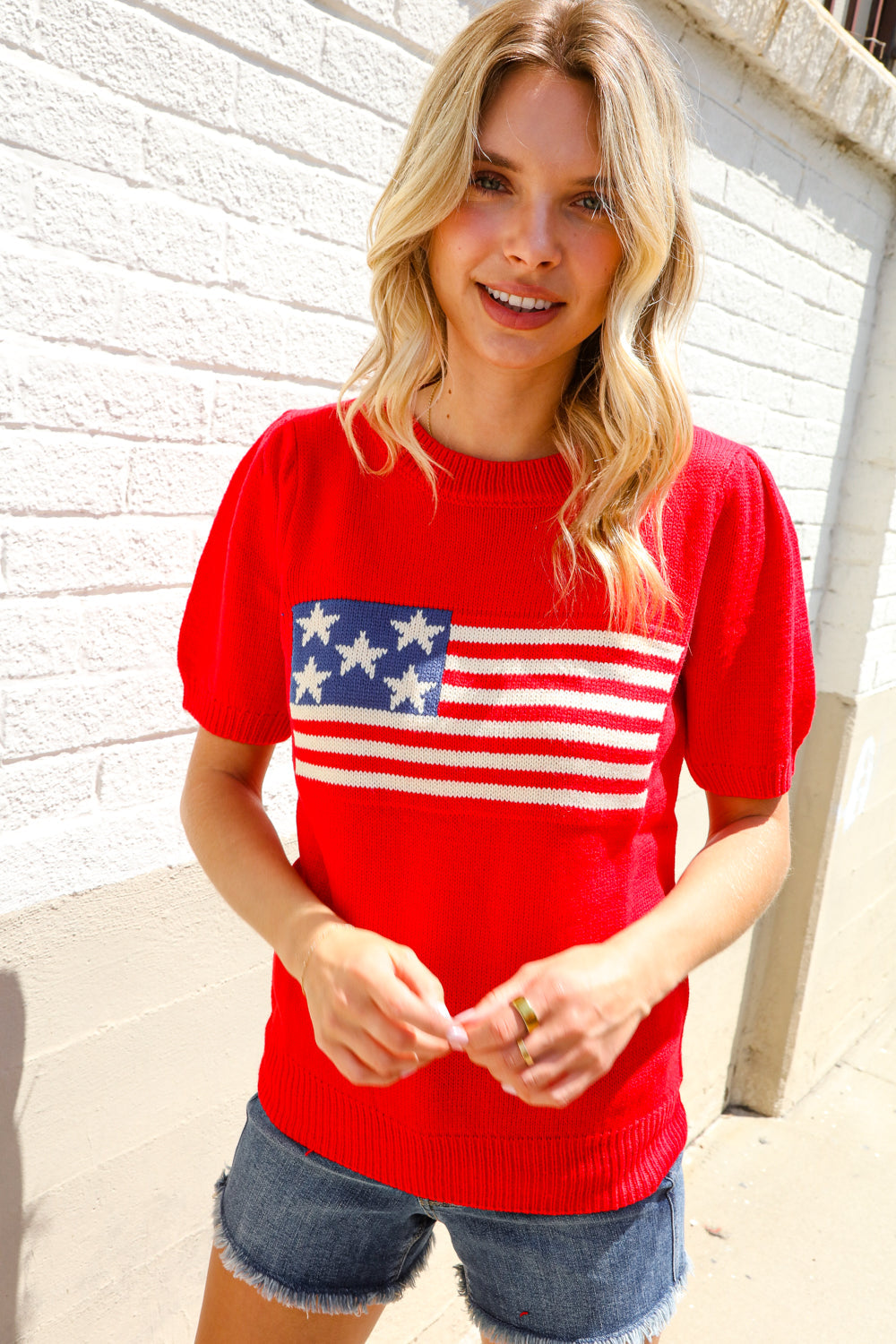 Haptics Red American Flag Bubble Short Sleeve Jacquard Sweater Knit Pullover