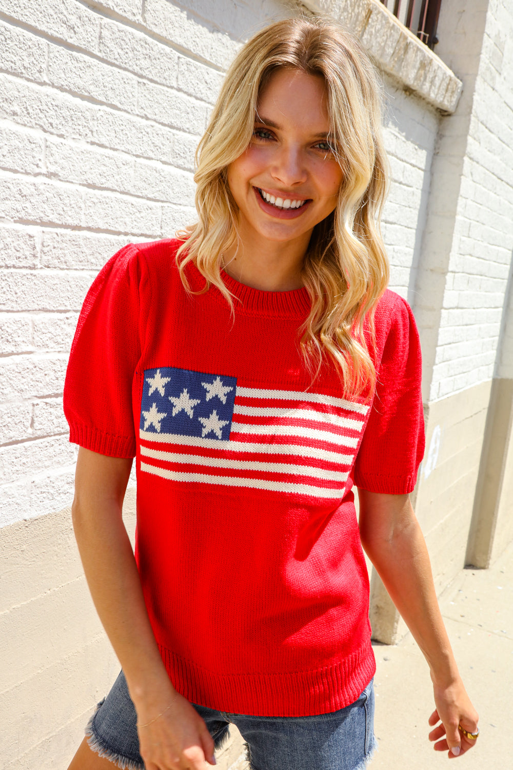Haptics Red American Flag Bubble Short Sleeve Jacquard Sweater Knit Pullover