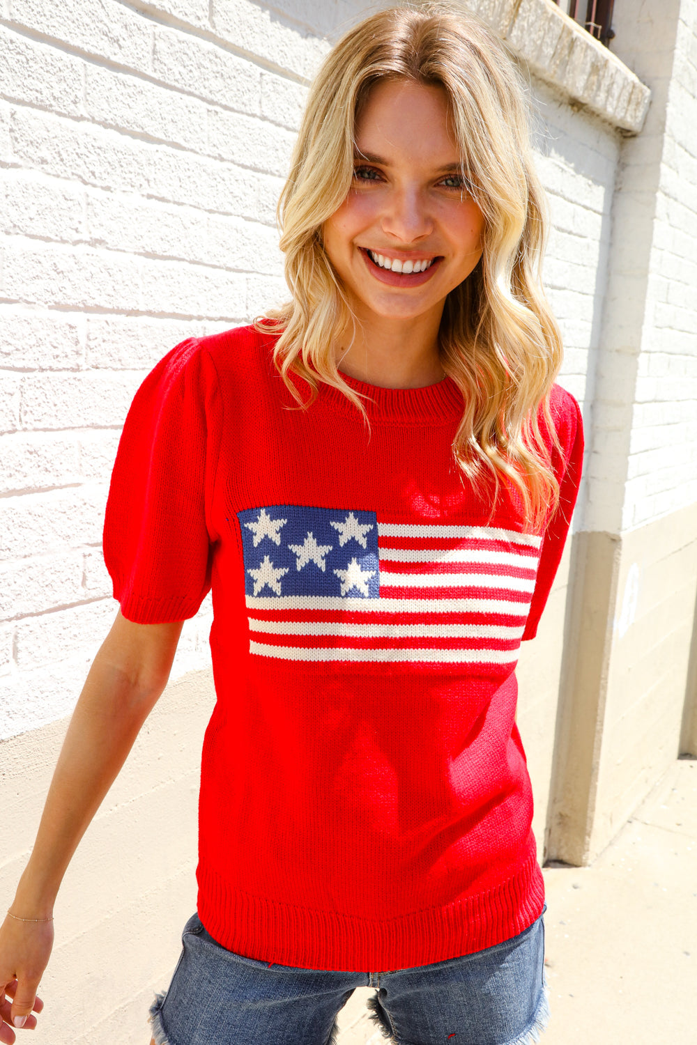 Haptics Red American Flag Bubble Short Sleeve Jacquard Sweater Knit Pullover