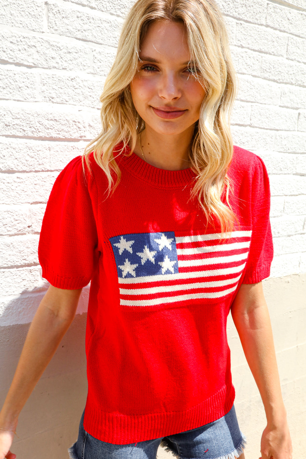 Haptics Red American Flag Bubble Short Sleeve Jacquard Sweater Knit Pullover