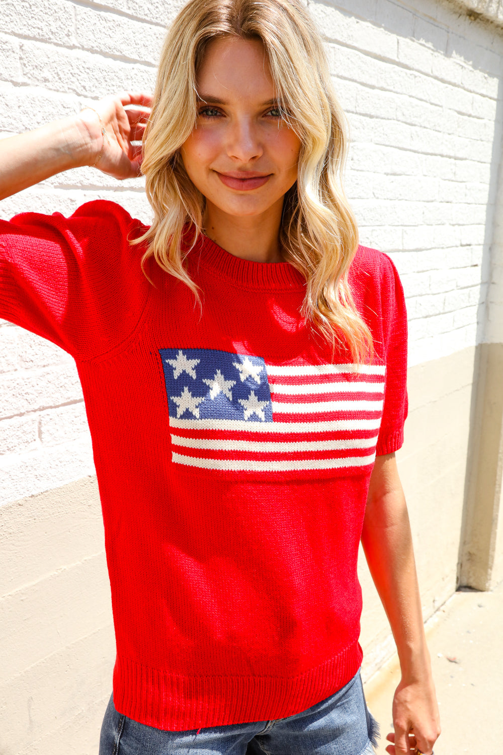 Haptics Red American Flag Bubble Short Sleeve Jacquard Sweater Knit Pullover