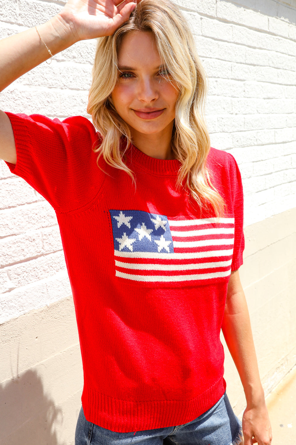 Haptics Red American Flag Bubble Short Sleeve Jacquard Sweater Knit Pullover