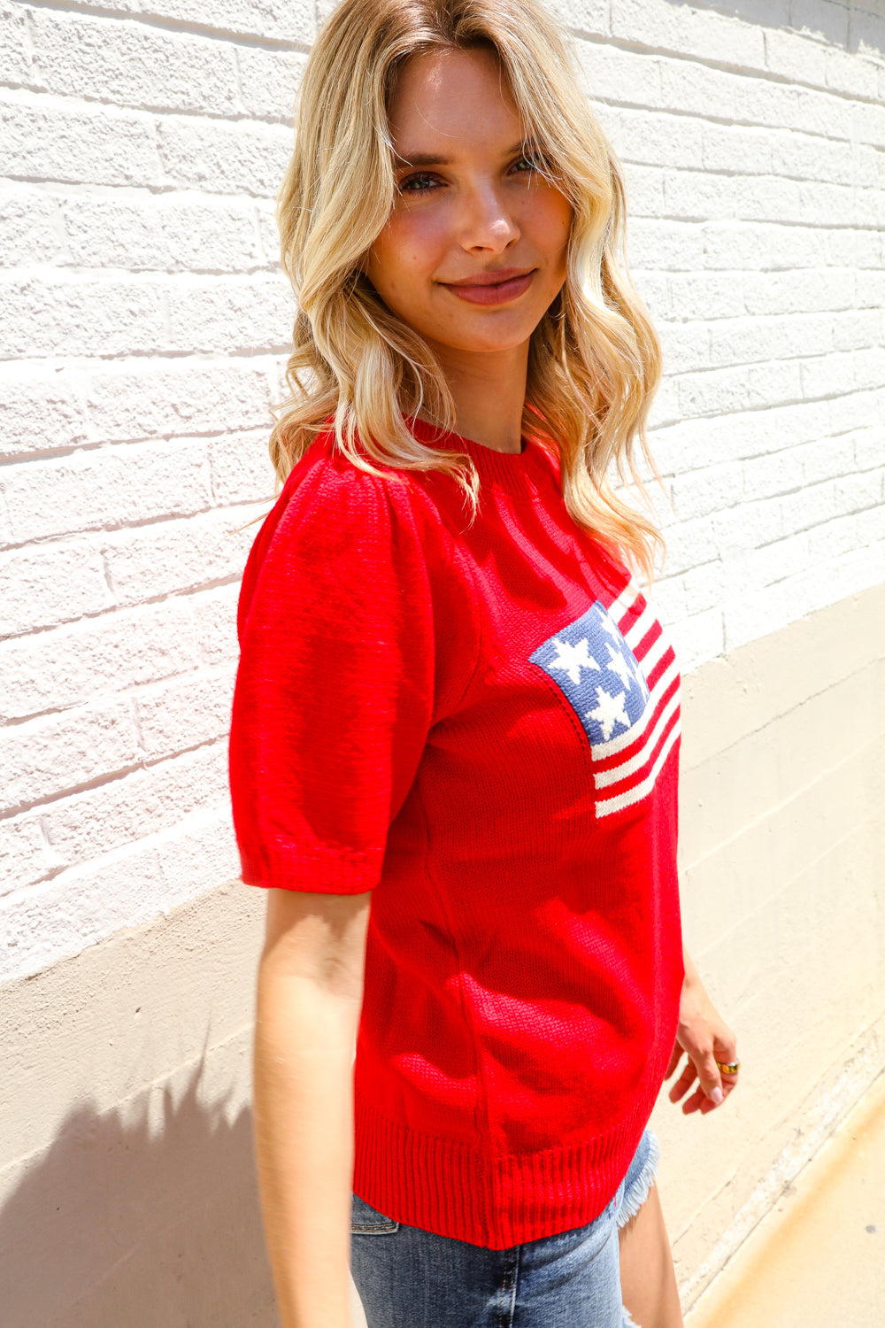 Haptics Red American Flag Bubble Short Sleeve Jacquard Sweater Knit Pullover