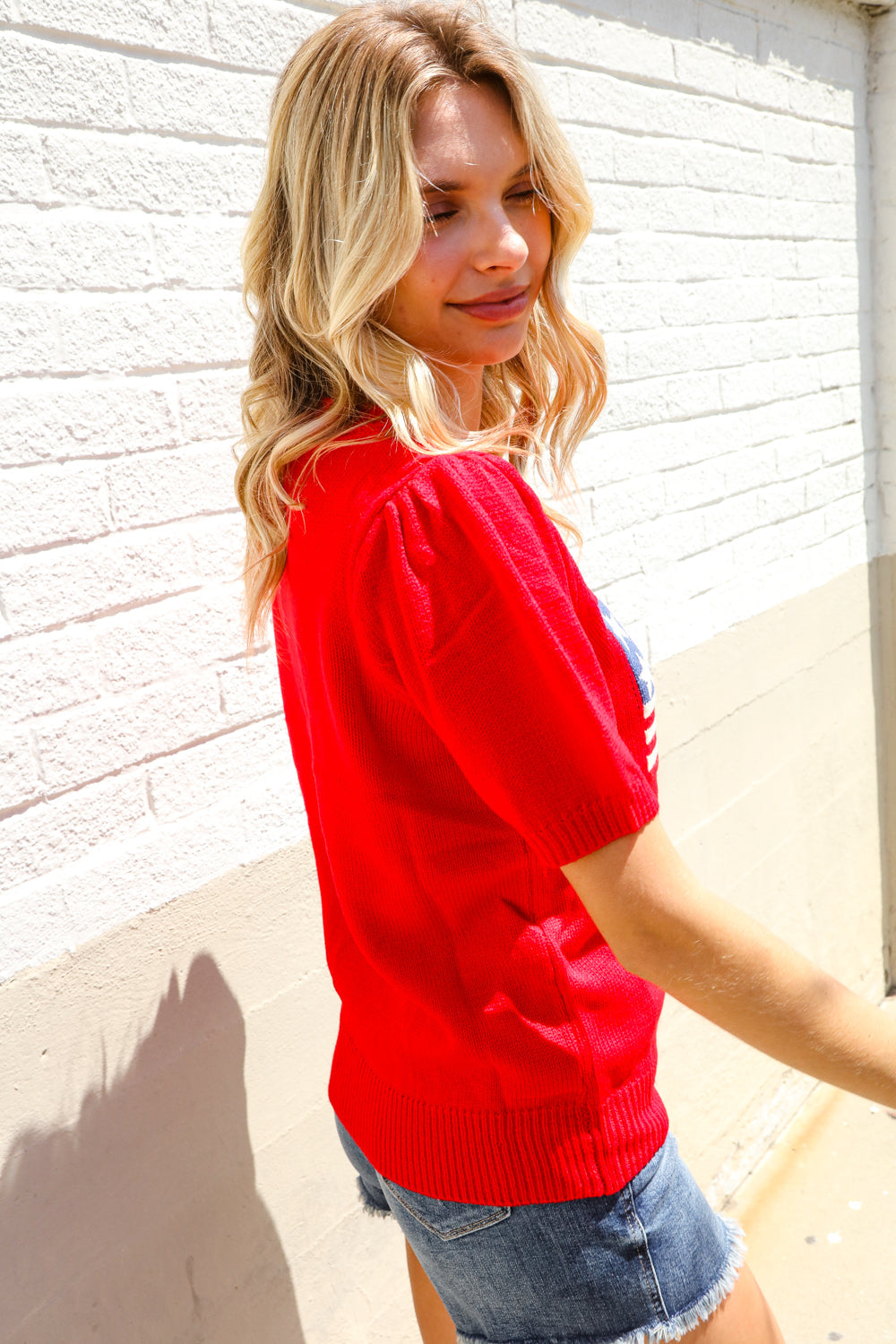 Haptics Red American Flag Bubble Short Sleeve Jacquard Sweater Knit Pullover