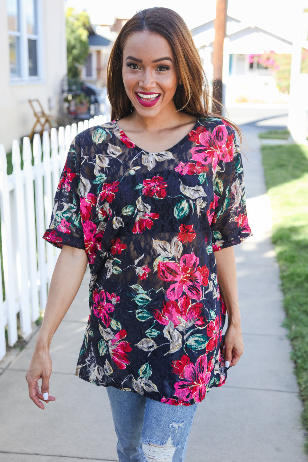 Haptics Black Multicolor Floral Crochet V Neck Top