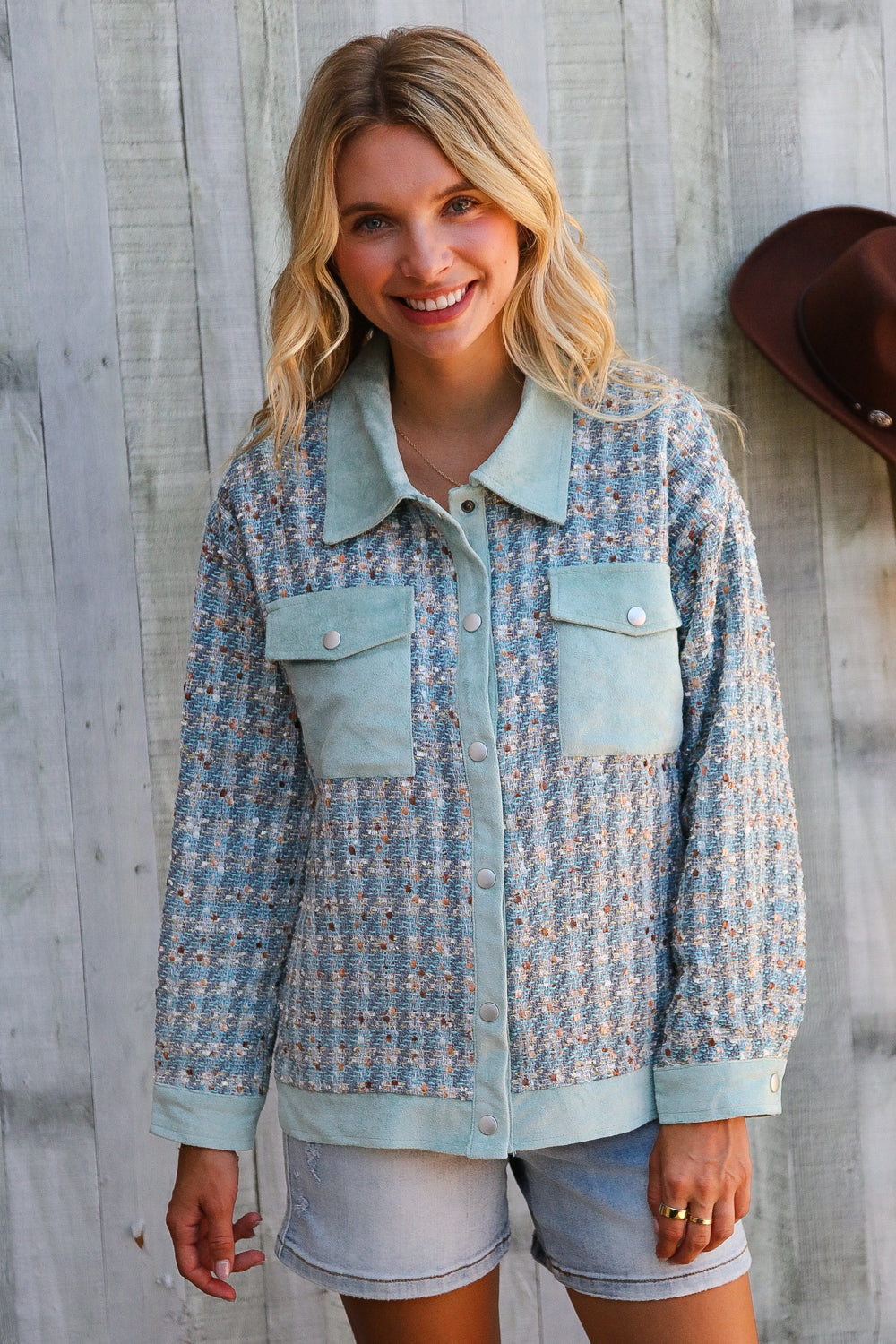 And The Why Put Together Turquoise Twill Banded Snap Button Jacket