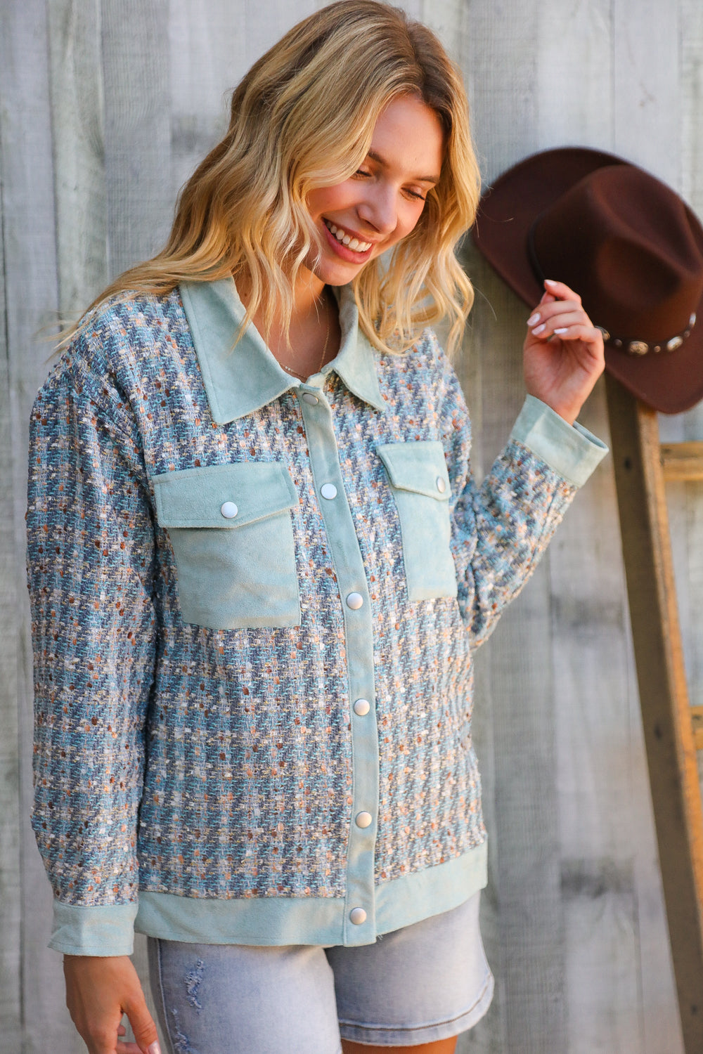 And The Why Put Together Turquoise Twill Banded Snap Button Jacket