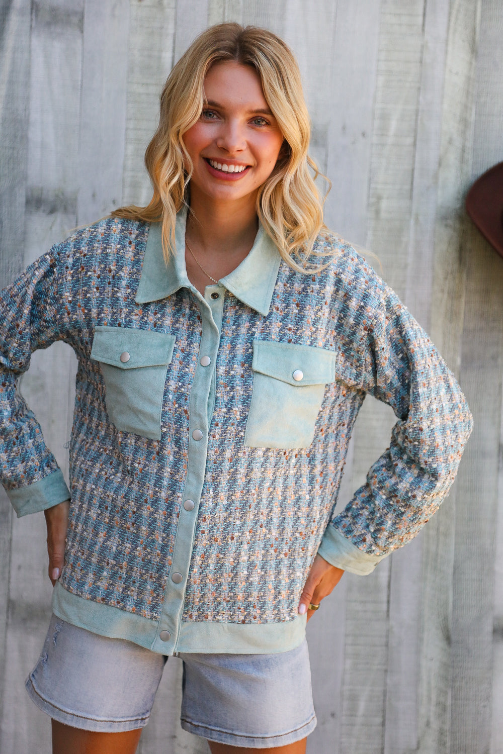 And The Why Put Together Turquoise Twill Banded Snap Button Jacket