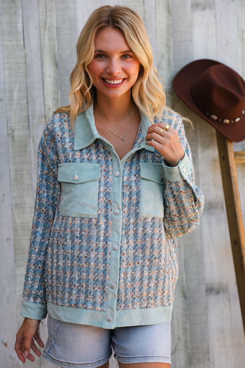 And The Why Put Together Turquoise Twill Banded Snap Button Jacket