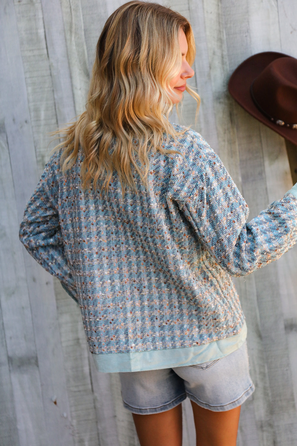 And The Why Put Together Turquoise Twill Banded Snap Button Jacket