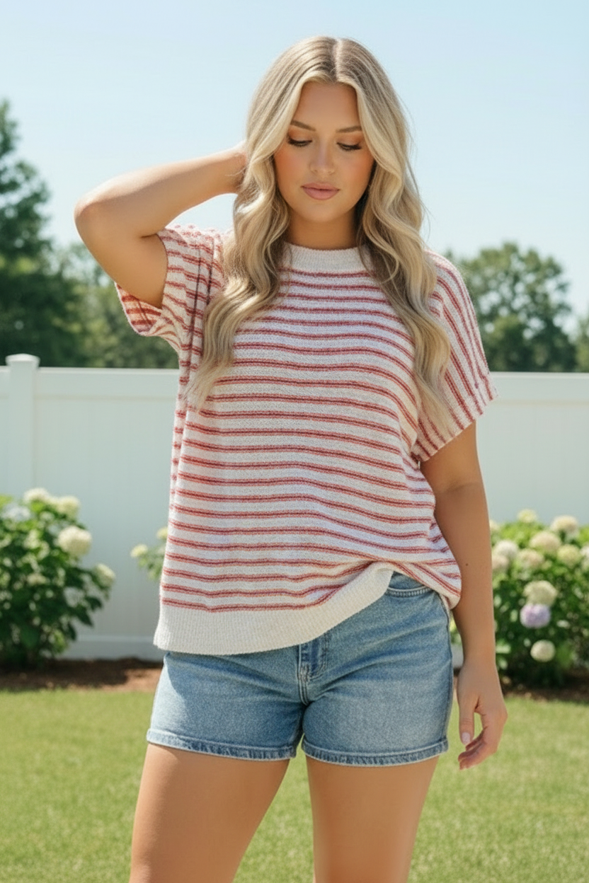 Haptics Breezy Stripe Knit Top in Ivory and Red