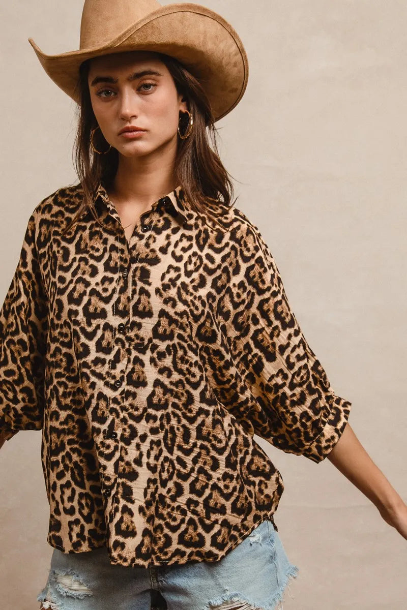 BiBi Leopard Print Button Up Oversized Short Sleeve Top