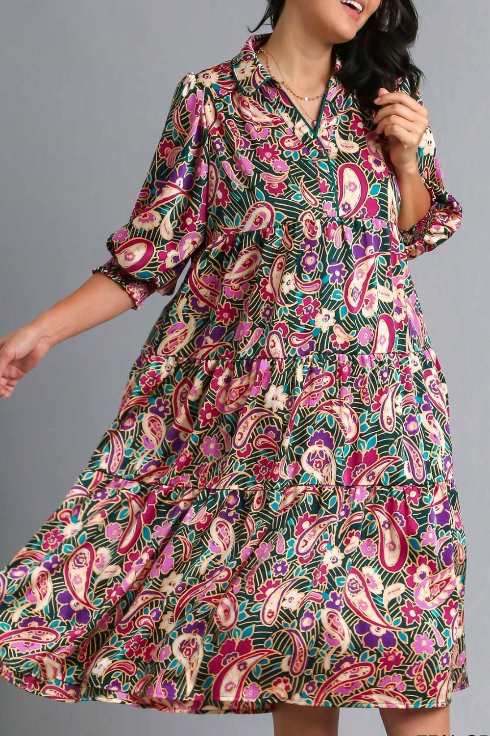 Umgee Paisley Print Satin Tiered Midi Dress