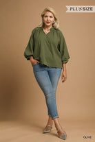 Umgee Olive Textured Notched Scallop Hem Balloon Sleeve Blouse